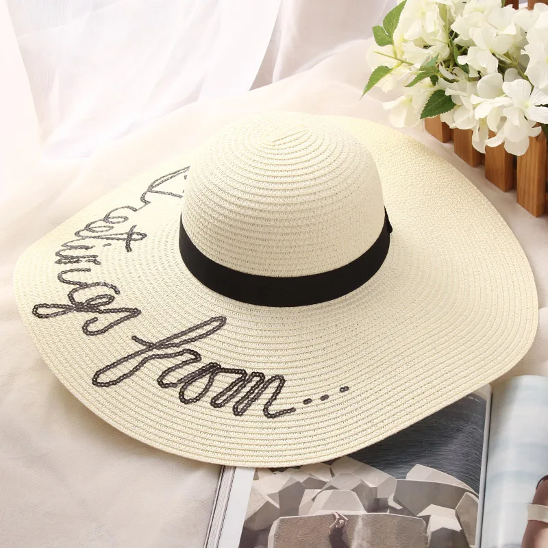 Женские шляпы от солнца Корейская версия большого вдоль праздника пляжная соломенная шляпа с буквами летняя шляпа от солнца Женская шапка Складная