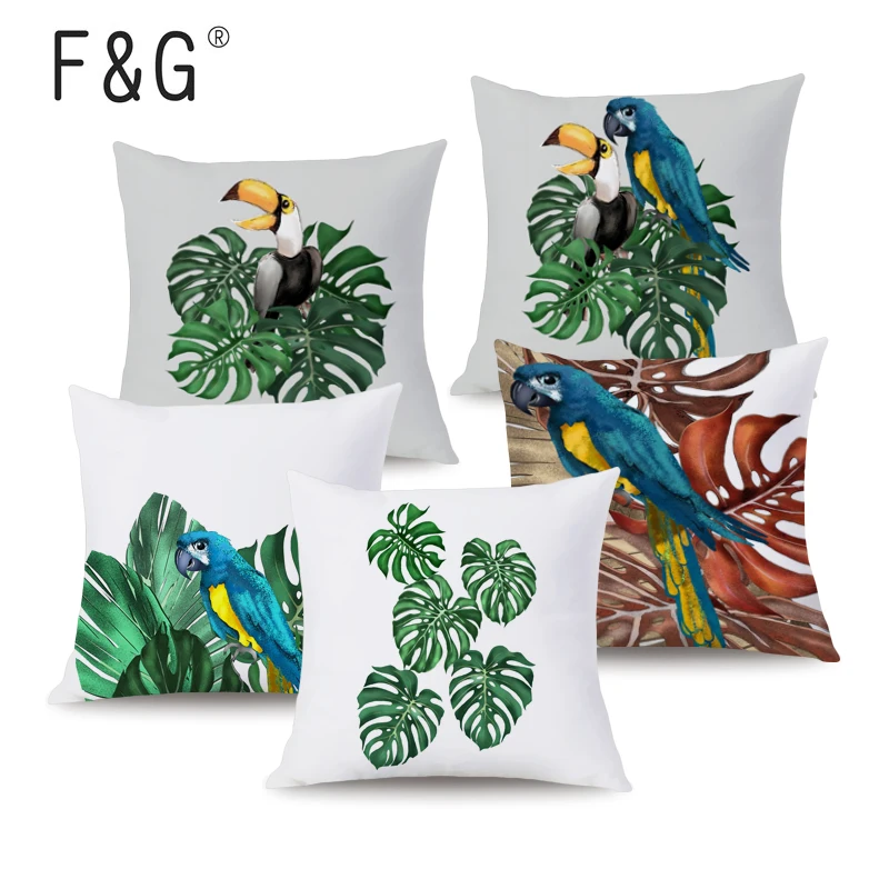 

Tropical Plant Parrot Cushions Cover White Polyester Throw Pillow Case Custom Sofa Home Decorative Pillows 45x45CM