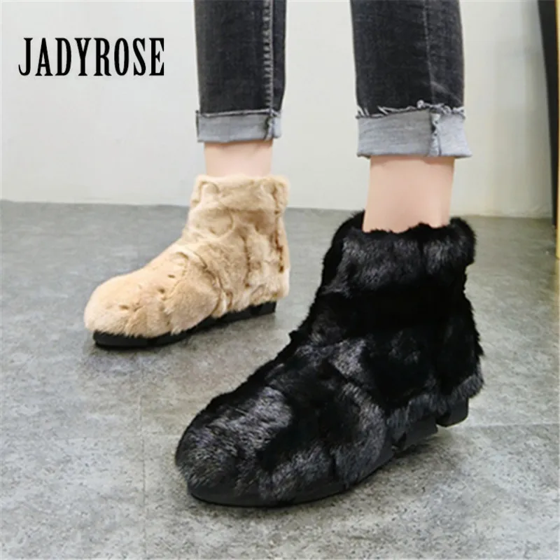 

Jady Rose Mink Fur Women Ankle Boots Winter Warm Snow Booties Flat Shoes Woman Botines Mujer Ladies Rubber Short Furry Botas