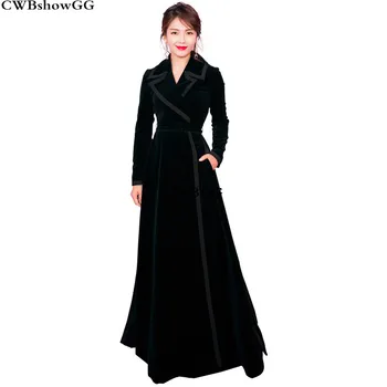 

CWBshowGG New 2018 winter women's vintage style runway designer high waist fashion velvet black warm long windbreaker jacket