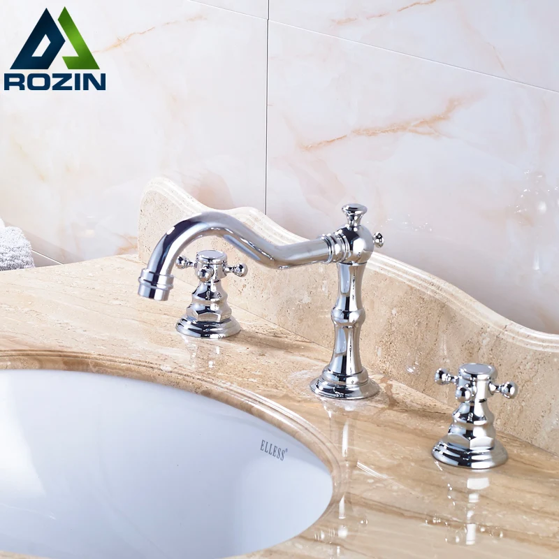 

Wholesale and Retail Bright Chrome Basin Faucets Three Hole Dual Handles Widespread Washing Basin Mixer Taps
