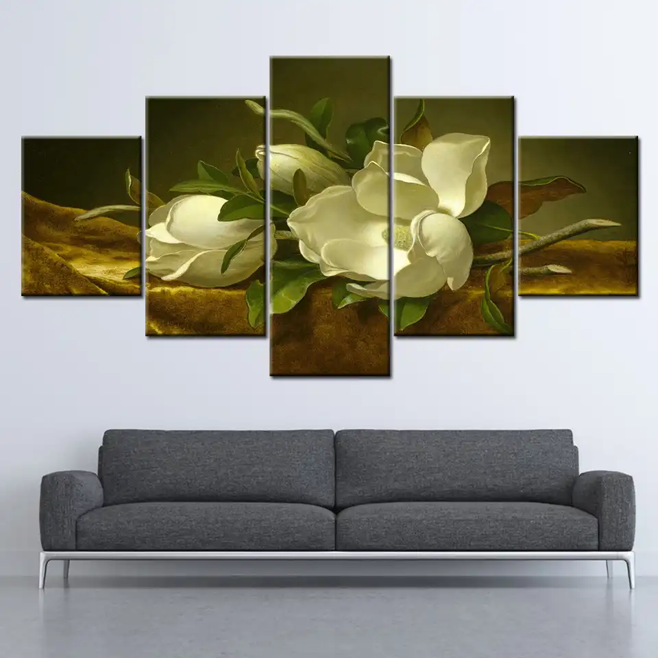 Lienzo Cuadro De Magnolia Flor En Terciopelo Dorado 5 Piezas Arte