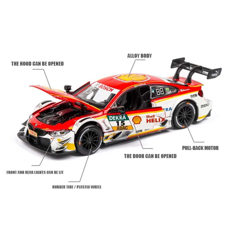  1:32 Alloy Sports Car Model BMW M4 DTM Rally car Light Pull Back Door Toy For Children Collection G
