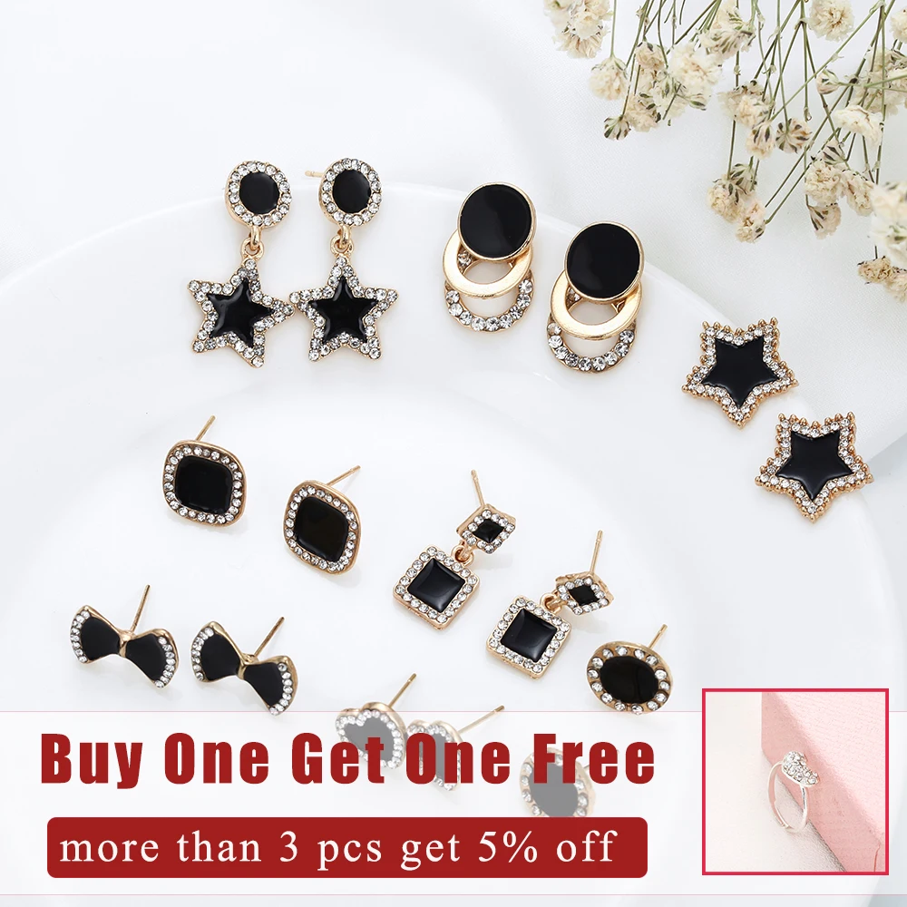 

New Trendy Mini Stud Earrings for Girl Black Color Geometric Ear Jewelry Round Star Lovely crystal Stud Earrings Gift Jewelry