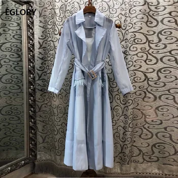 

2019 Autumn Fashion Long Coat Trench Women Turn-down Collar Adjustable Belt Feather Patchwork Long Sleeve Blue Coat Outerwear