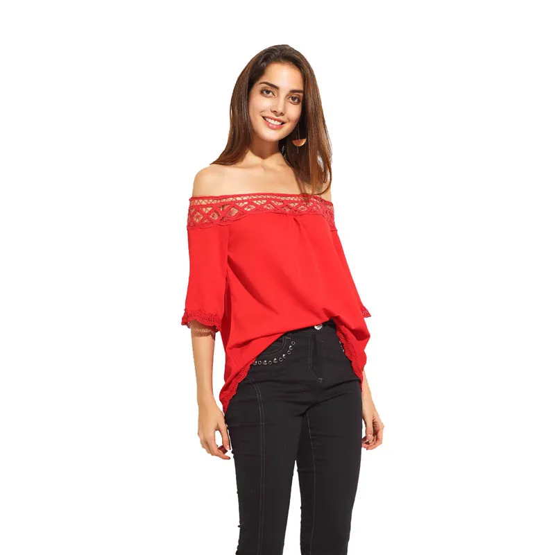 

Apparel Casual Sweet Contrast Women Tops Red Crochet Insert Off Shoulder Chiffon Blouse Sexy Cut Out Slash Neck Shirt TA02800017