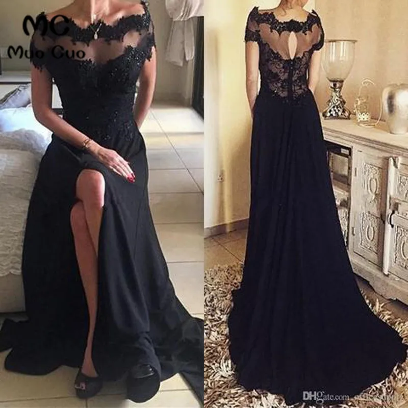 Long Black Off Shoulder Short Sleeves Split Prom Dress with Lace Beading32