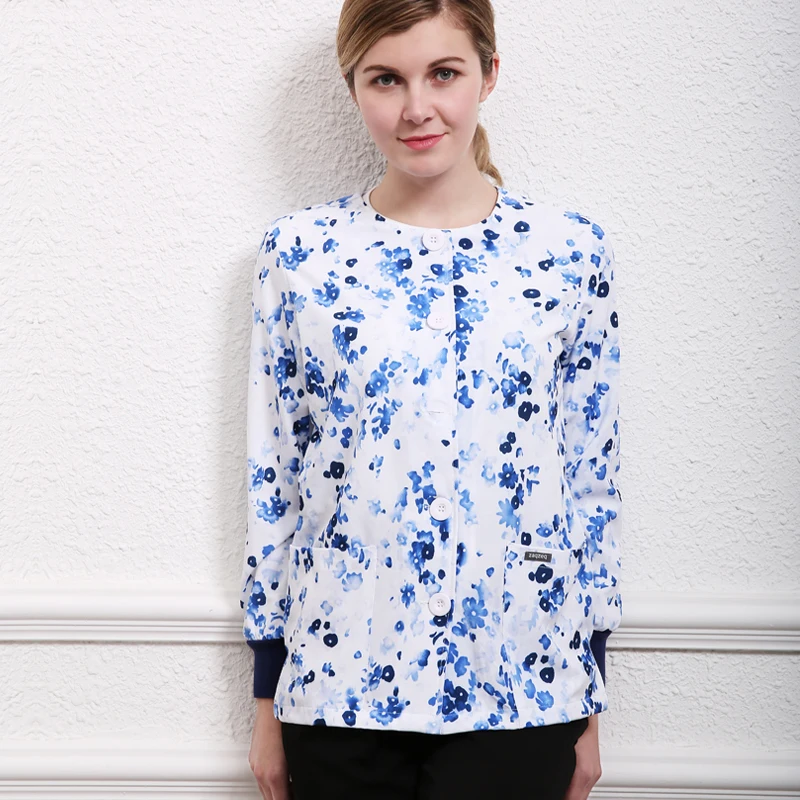 Sporty Women's Scrub Jacket Lycra Blue Floral Print Nurse Coat Warm Ups