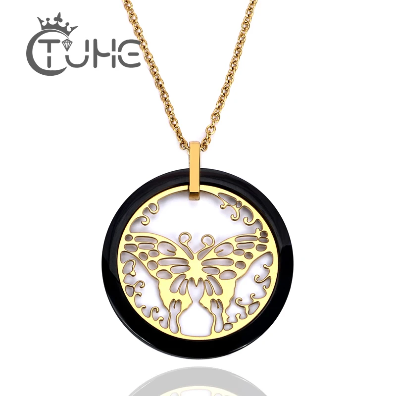 

Elegant Gold Hollow Butterfly Ceramic Pendant Necklace Jewelry Black Ceramic Circle Necklace Chain Sweater Jewelry For Women