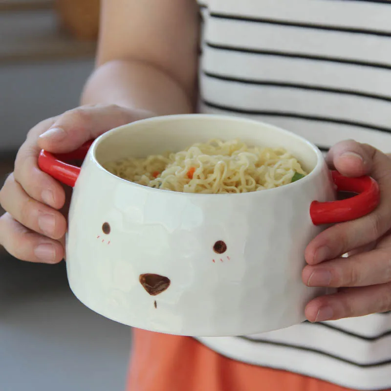 

Creative Chinese Style Lovely Bear Soup Tureen with Porcelain Lid 800ml Capacity Two Ears Ceramic Tureens for Soup Food Noodles