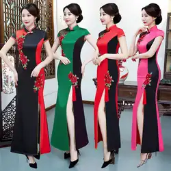 Размер 4XL, вышивка русалки, элегантное сценическое шоу с высоким разрезом, традиционное китайское Ципао, женское платье, винтажное женское