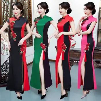 

Size 4XL Mermaid Embroidery Elegant Stage Show High Split Silm Qipao Chinese Traditional Women Dress Vintage Lady Sexy Cheongsam