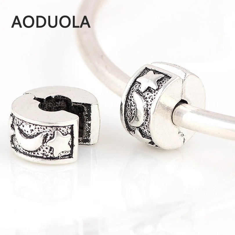 

10 Pcs a Lot Silver Copper Stopper Beads Stars and Moon Clip Lock Bead Round DIY European Charm Fit For Pandora Charms Bracelet