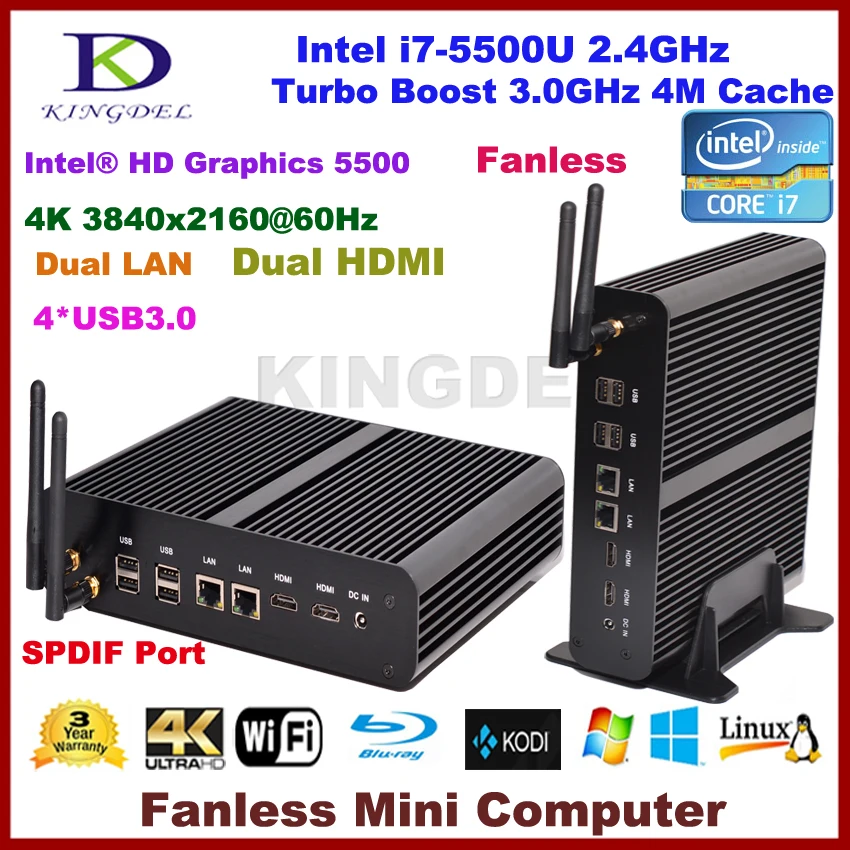 2016 Broadwell Fanless Mini PC Intel Core i7 5500u Windows 10 i7 Mini-ITX Desktop Computer HD5500 HTPC TV Box