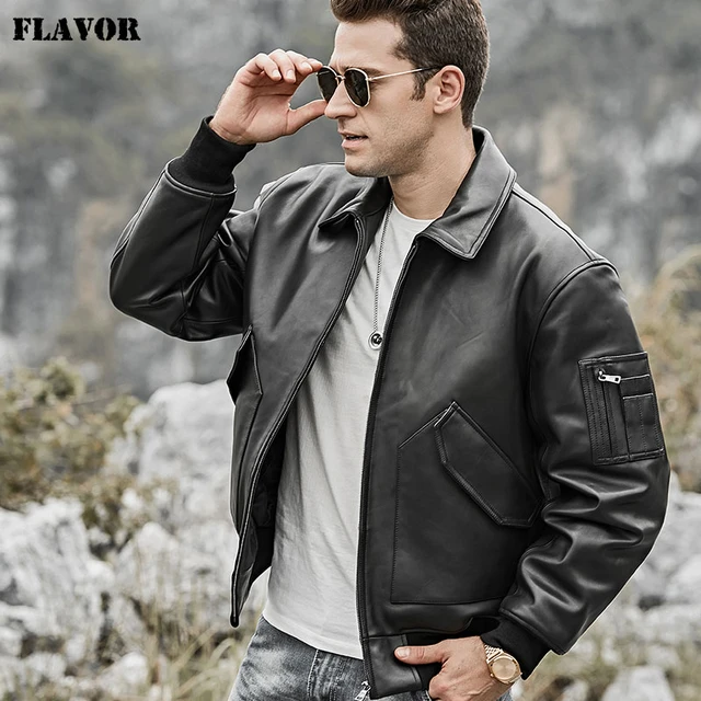 FLAVOR Men's Real Leather Bomber Jacket with Removable Fur Collar Aviator  at  Men’s Clothing store