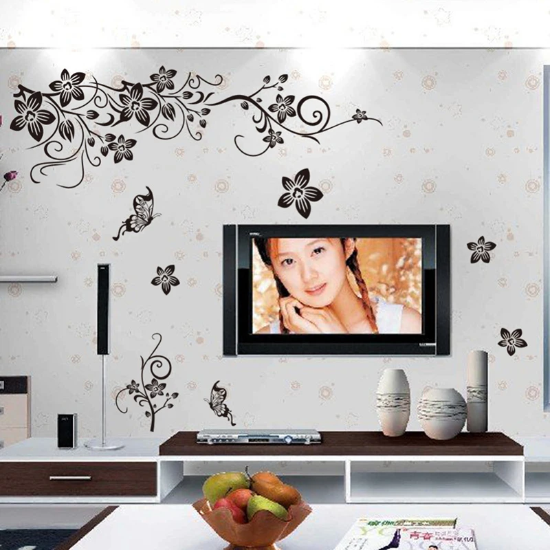 New TV wall stickers backdrop Elegant Butterfly Flower Removable Diy