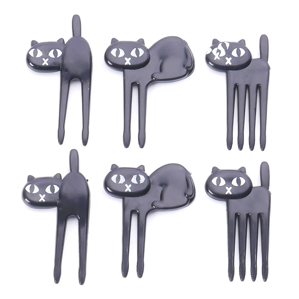 

New 6Pcs Mini Animal Fork Fruit Picks Cute Cartoon Cat Children Fork Bento Lunch Box Decor Accessories Black Color