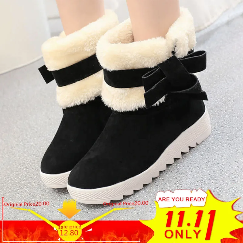 

Women's Winter Snow Boots Comfort Warm Fur Bowtie Plush Ankle Boots Flats Ladies Fashion Slip On Female Flock Platform Shoes