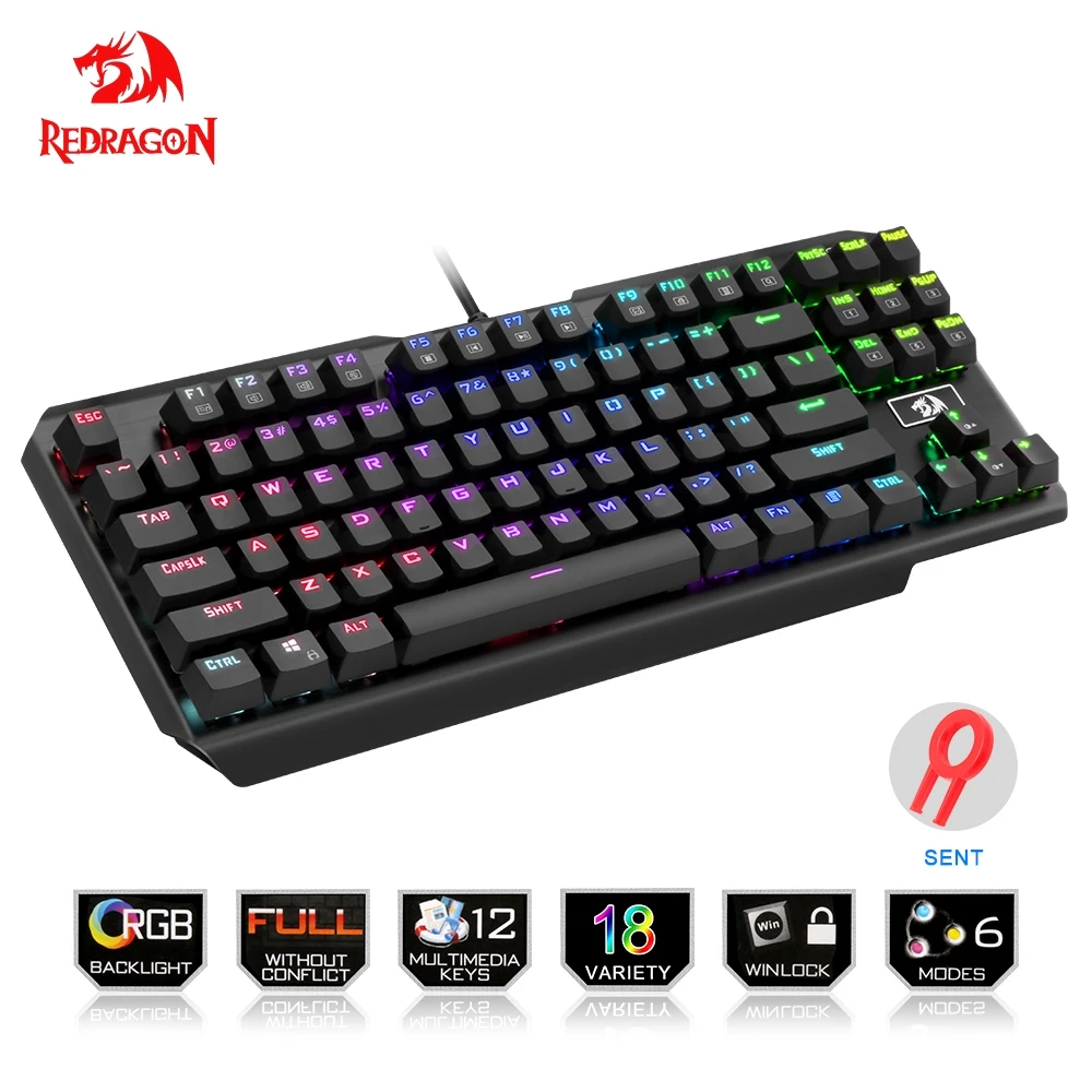 

Redragon USB mechanical gaming keyboard ergonomic RGB LED backlit keys Full key anti-ghosting 87 keys wired PC Computer Game