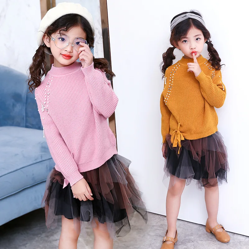 

beading knitting winter sweater girls knitted 2018 spring autumn sweaters for girls school loose long sleeve children clothing