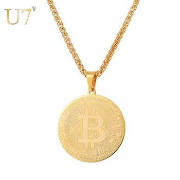 

U7 Bitcoin Coin Necklace for Men Women Punk Jewelry Stainless Steel Necklaces & Pendants Father's Day Souvenir Gifts P1174