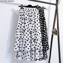 Новая летняя женская юбка с высокой талией, эластичные женские юбки в горошек, многослойные плиссированные оборки, Jupe Femme, большие размеры, черный, белый цвет, Saias