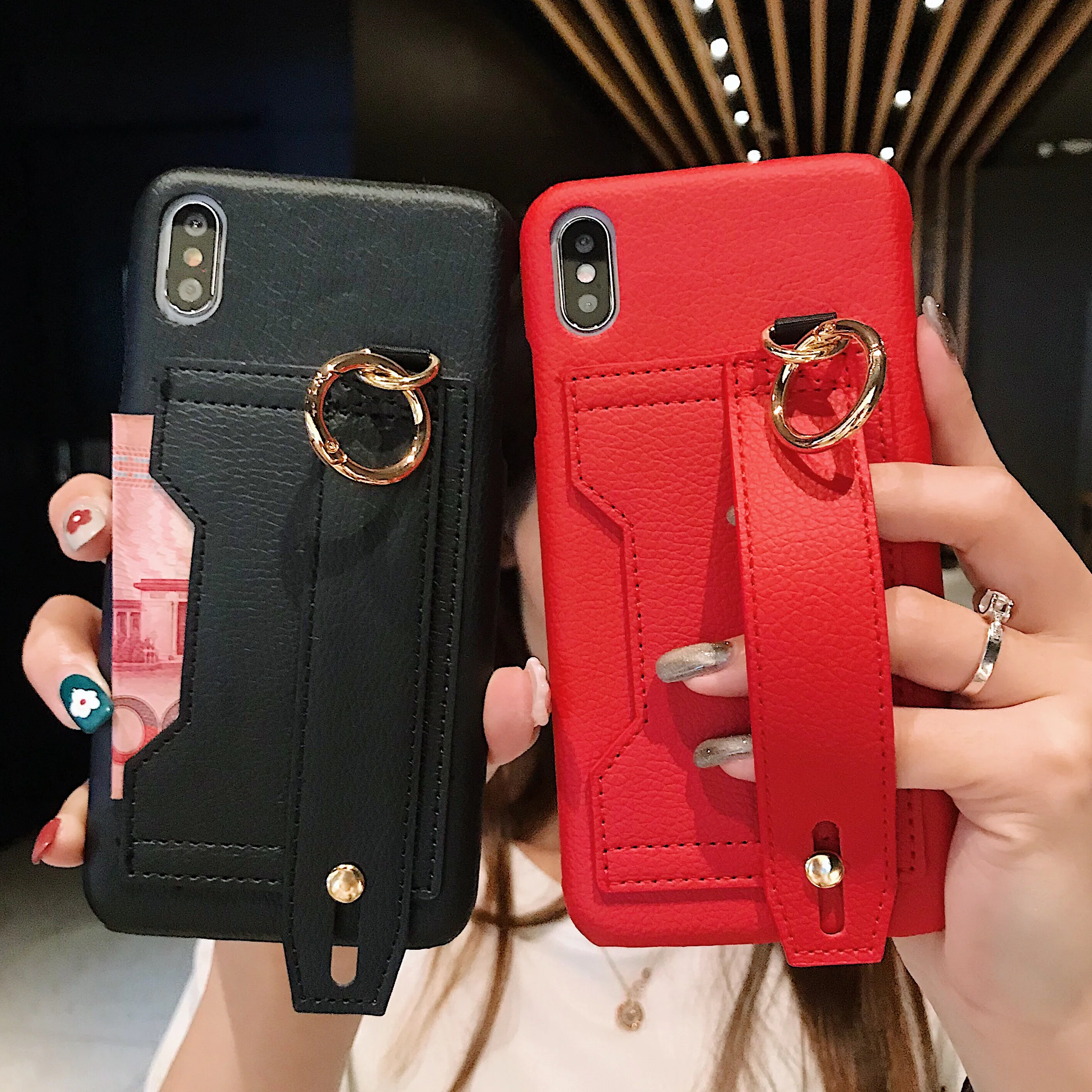 Con la correa de la muñeca de la ranura de la tarjeta para iPhone XS Max Funda de cuero Litchi piel soporte funda Coque para iPhone 8 plus 6 S 6 7 Plus X XR