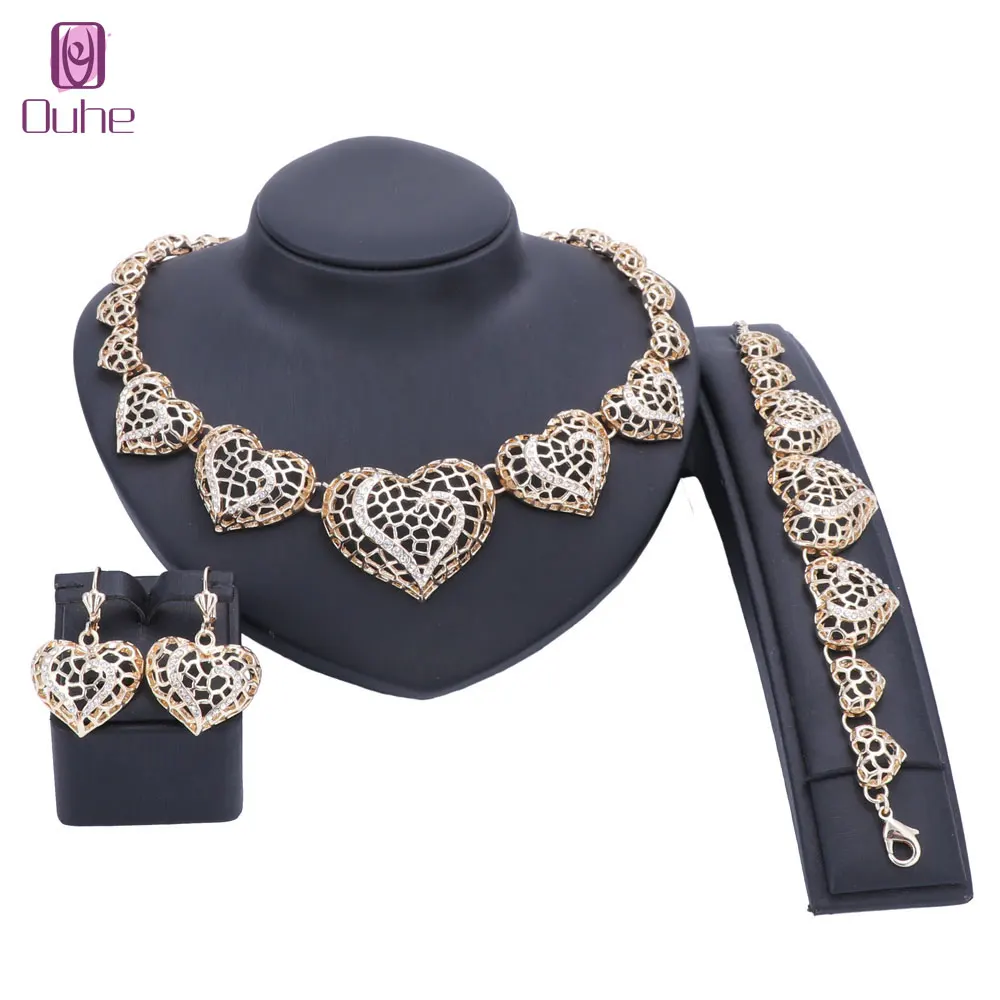 

African Beads Jewelry Set Gold Color Crystal Heart Wedding Necklace Bangle Earring Bridal Gift Jewelry Set