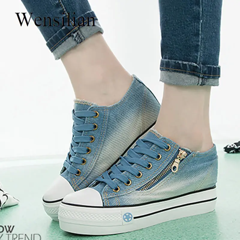 En Ligne Baskets mode femmes formateurs Denim toile chaussures Tenis Feminino dames vulcaniser chaussures à lacets plate forme baskets Zapatos Mujer