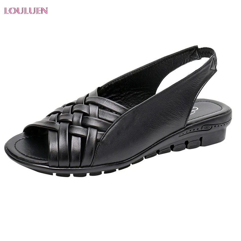 LOULUEN босоножки Летняя женская обувь кожаные туфли на плоской подошве с открытым носком, сандалии на танкетке, характерную вам обувь размера плюс; большие размеры 35-43#0510
