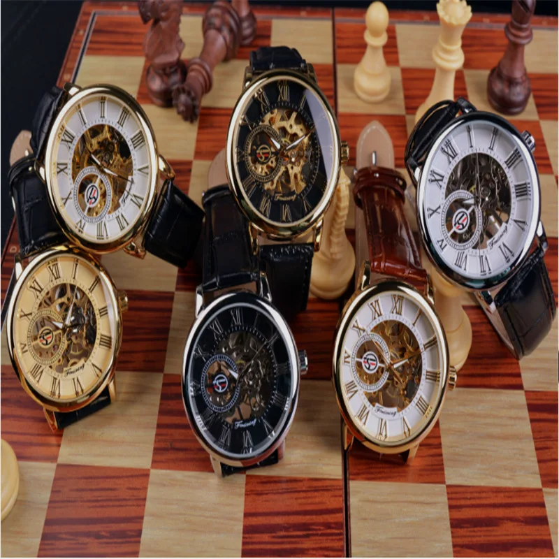 2019 Gold Men Mechanical Clock Montre Homme Man Business Fashion Watches Top Brand Winner Luxury Leathers Keleton Design Gift