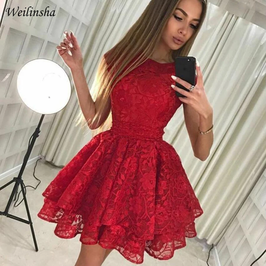 

Weilinsha Sexy Red Short Lace Evening Dresses Scoop Neck Cheap A-line Prom Party Gowns