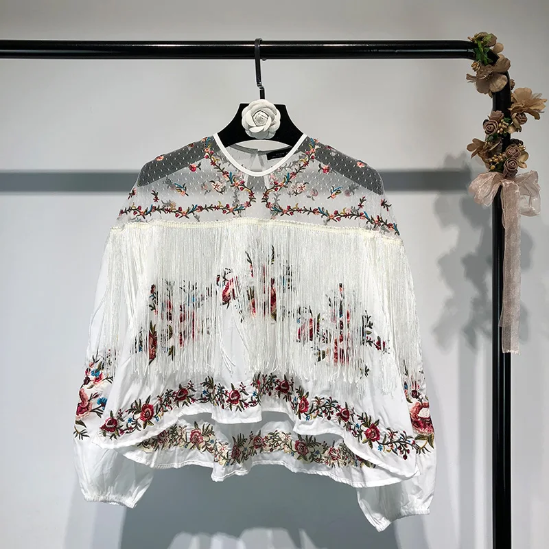 Prix De luxe Haut Façon Blouse pour Femmes Bohême Style Ethnique Lâche Broderie Glands Patchwork Maille Perspective Chemise Blanche