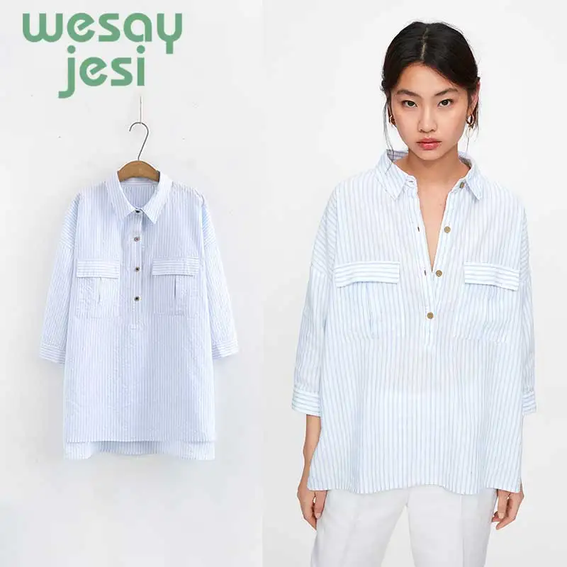 

2019 Women Pocket Decoration Striped Loose Blouse Three Quarter Sleeve Shirt Female Tops Summer elegant female office tops