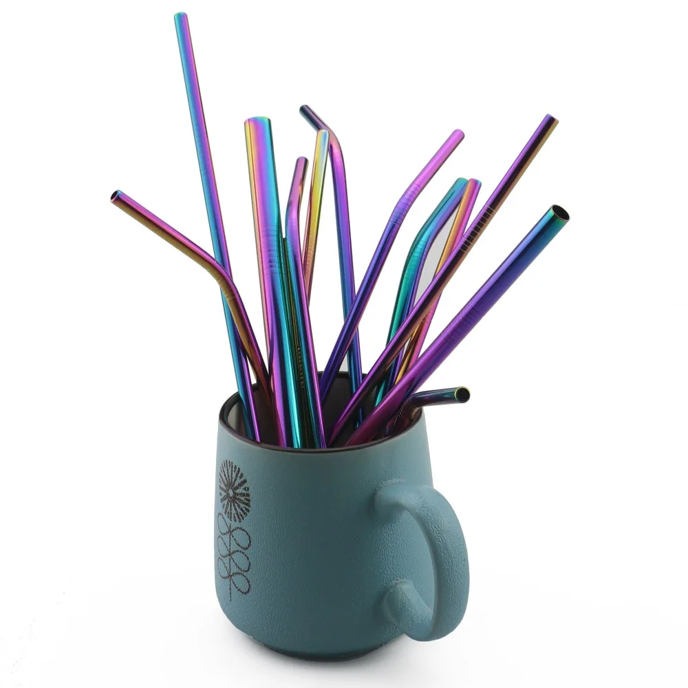 2Pcs Colorful Rainbow Straw Set 304 Stainless Steel Drinking Straw 16/19/21/23/26cm 12mm Reusable Bent Metal Drink Brush drinking straws metal straw set