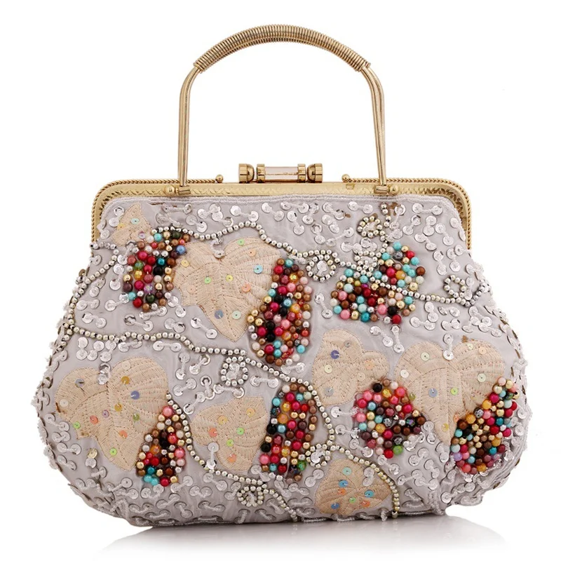 

Vintage National Style Women's Handbag Handmade Beading Leaves Female Evening Party Clutch Flap Bag Metal Handle Wristlets Hasp