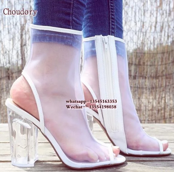 2018 PVC Mesh Open Toe Zip Clear Chunky heel Ankle Boots Women Clear Block High Heels Short Booties Womens Sandals Spring Shoes 2018 PVC Mesh Open Toe Zip Clear Chunky heel Ankle Boots Women Clear Block High Heels Short Booties Womens Sandals Spring Shoes