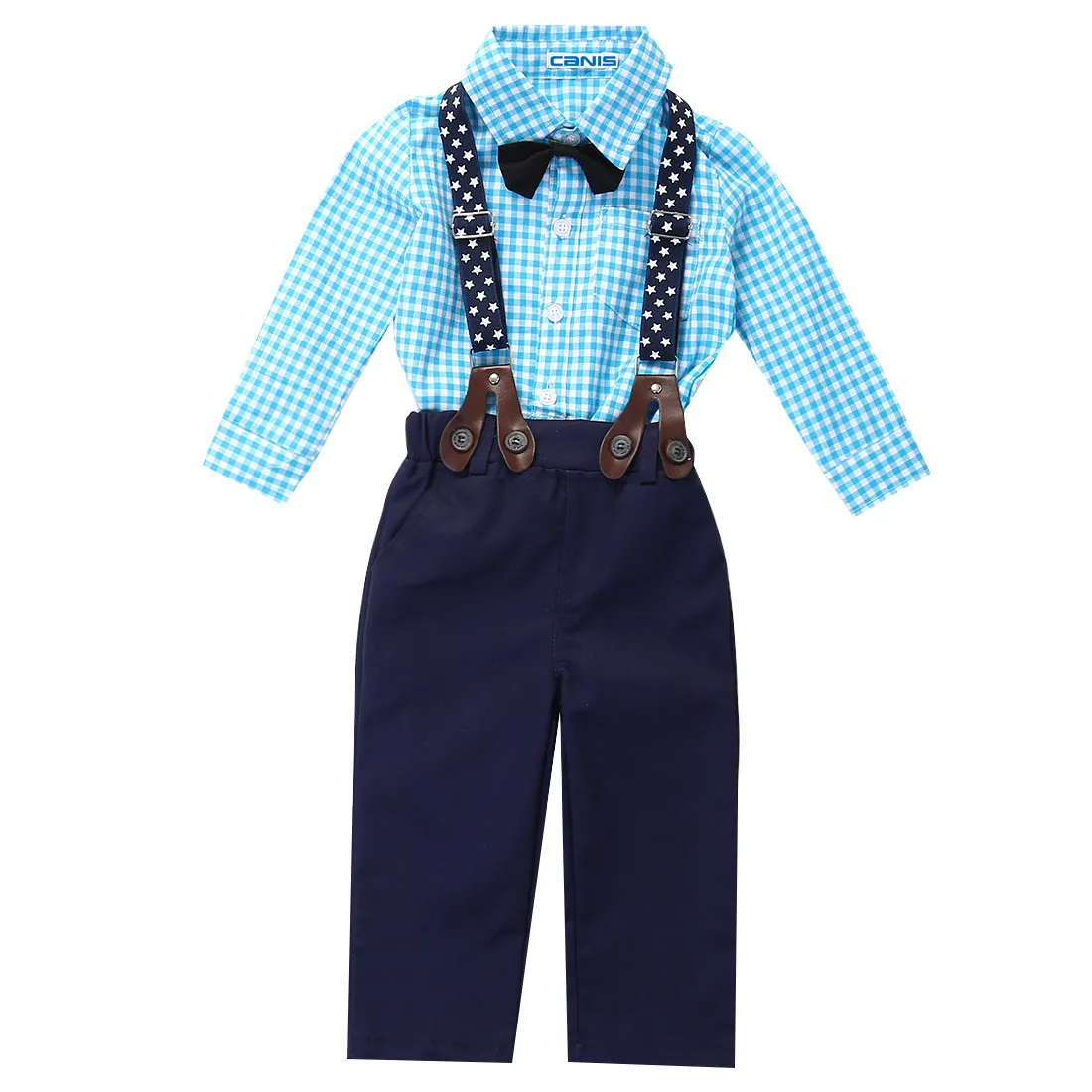 Одежда для малышей мальчиков мягкий человек одежда комплект галстук-бабочка Рубашки в клетку + штаны с подтяжками Мотобрюки наряды 2 шт. 0-24 м