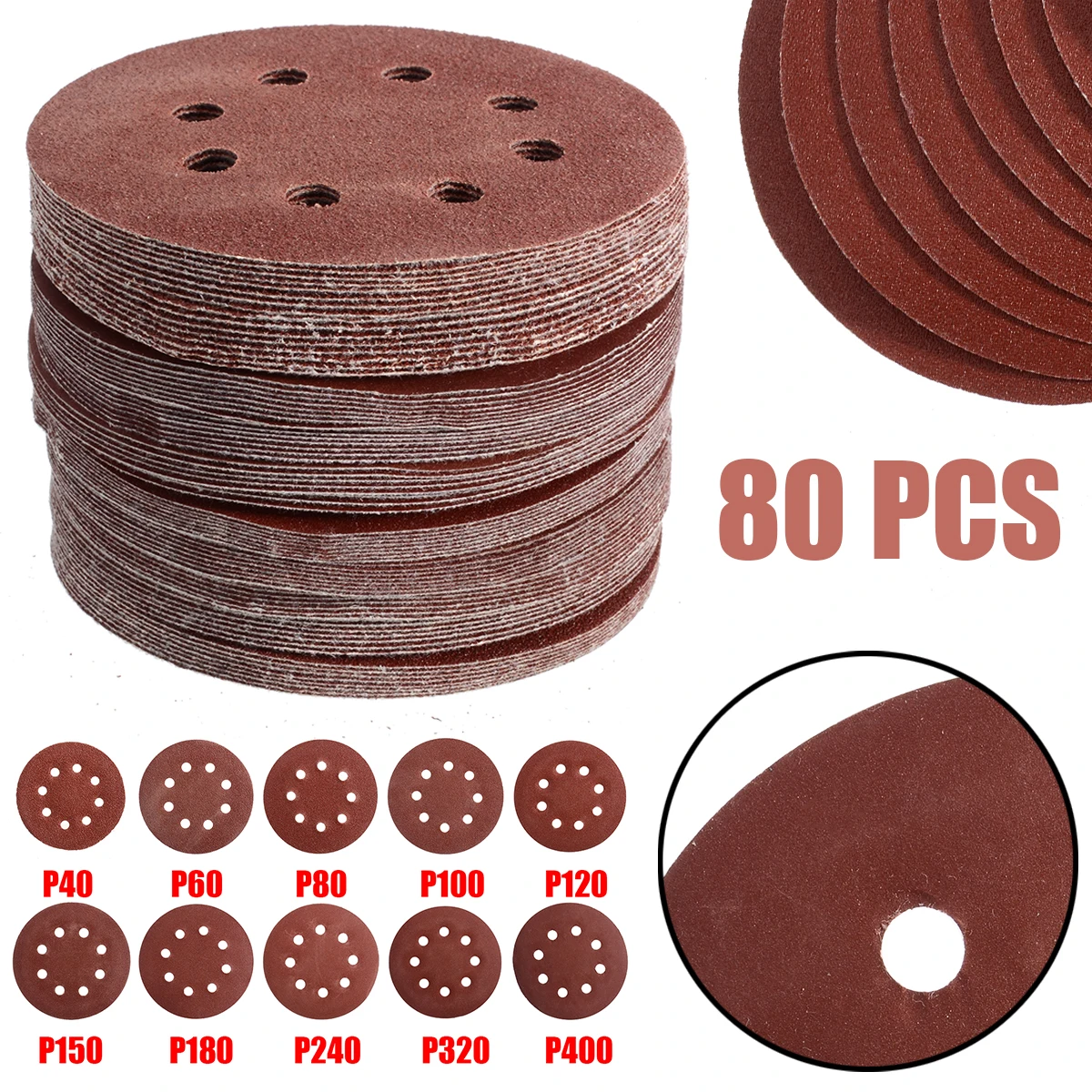 80pcs 125mm 5" Round Sandpaper Hole Disk Sheets Sand Grit40-400 Mix Orbital Sander Hook Polish Sandpapers