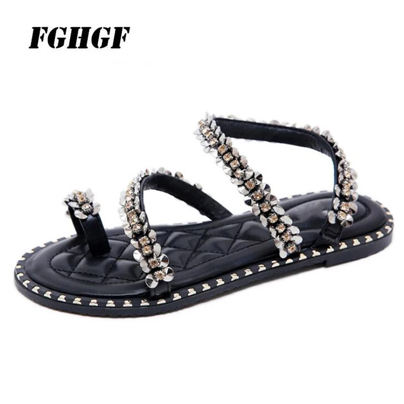 

FGHGF Ladies Summer Sandals Sweet String Bead Style Back Strap Flat With Low Heel Foot Protection Summer Woman Sandals