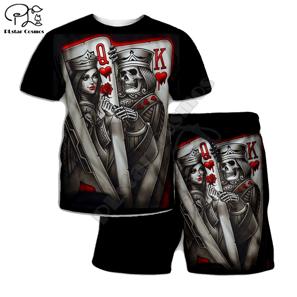 

PLstar Cosmos Summer T Shirts Printed skull poker 3D T-Shirt and shorts Mens for boy black Skull Suit Drop shipping