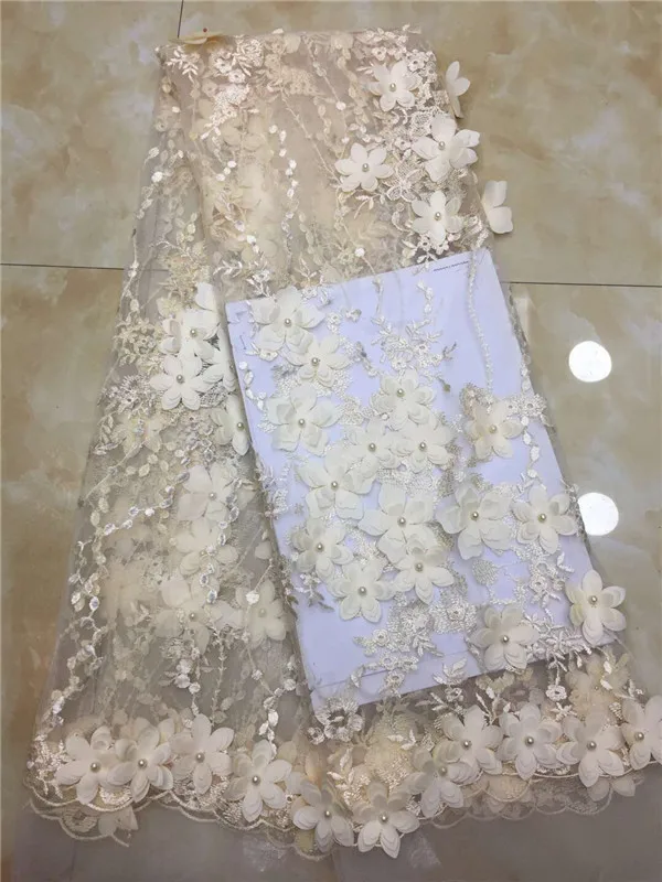 2019 Latest African French 3d Lace Fabric High Quality Tulle with beadsgold wedding lace fabric beaded Beige | Дом и сад
