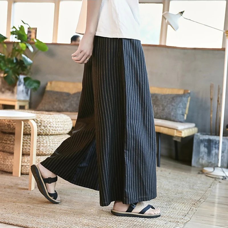 

Autumn Winter New Casual Sweatpants Stripe Straight Men Cotton Linen Male Hip Hop Flare Harem Pants Trousers Baggy Loose