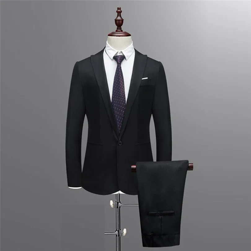 2019 New Fashion Men Slim Button Suits Formal Solid Business Blazer Casual Host Show Jacket Coat & Pant Dropshipping #E22 (9)