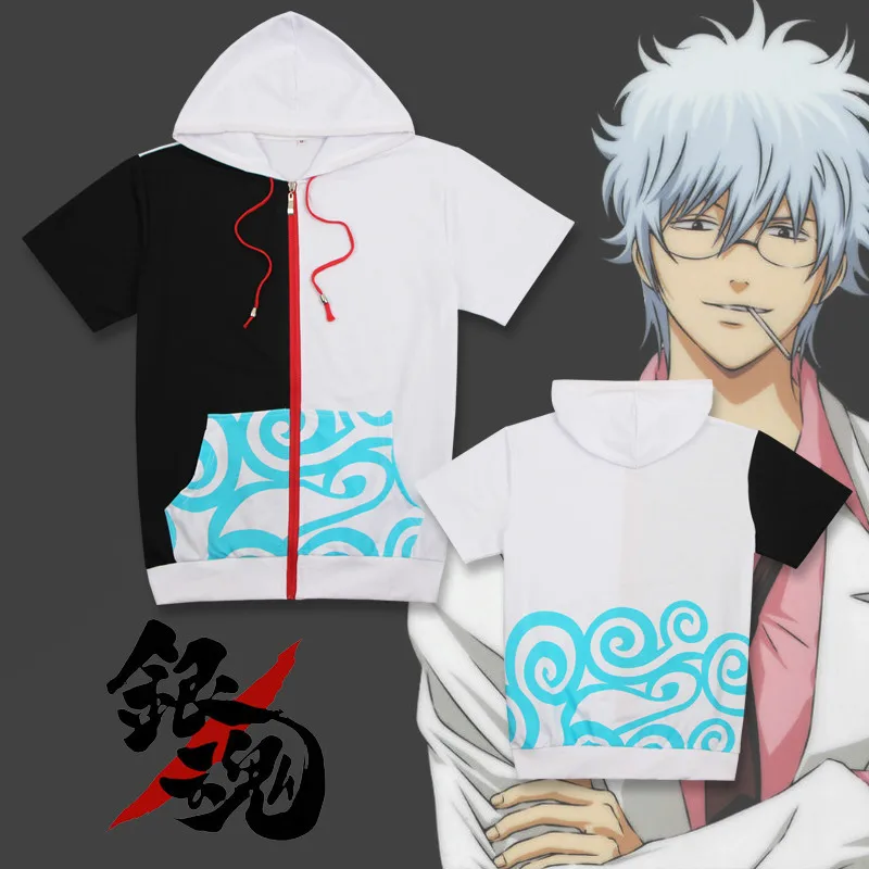 Womens Hoodies Gintama Sakata Gintoki Contrast Color Hooded Sweatshirt Short Sleeve Zip-Up Hoodie Pocket Spring Tops Autumn Coat