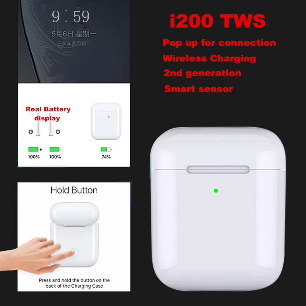 

i200 TWS Air Earphone 2 Size 1:1 Pop up Smart Sensor Separate Use Wireless Charge Earbuds PK i77 i80 i500 tws W1 Chip i60 tws