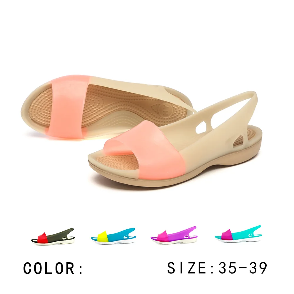

2018 spring and summer new color jelly shoes ladies flat non-slip sandals two-color stitching women's sandals.