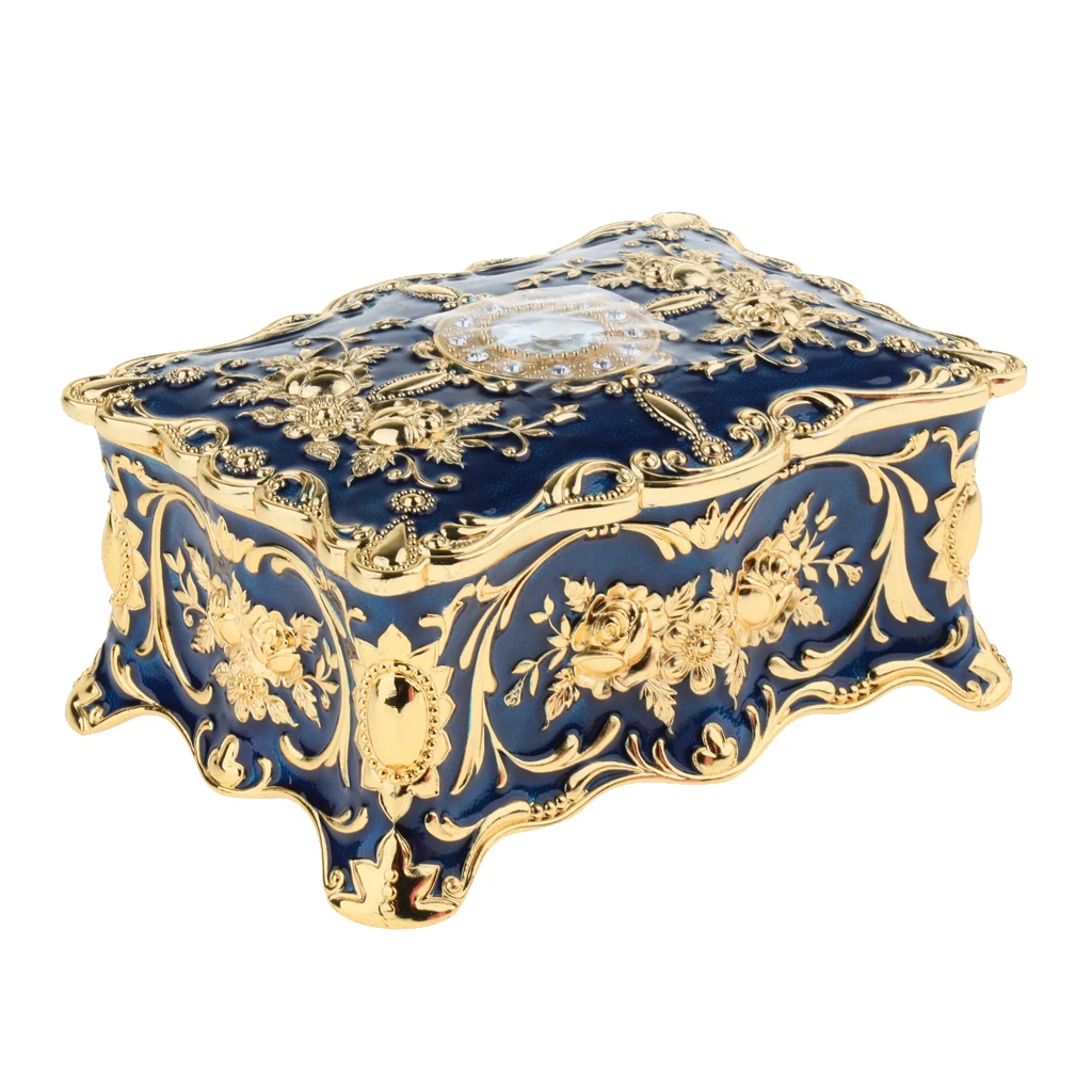 2-Layer Blue Large Vintage Metal Trinket Jewelry Boxes Gift Storage Organizer Gift for Girls Teens Women