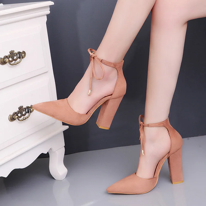 

High Heels Women's Sandals Spring Autumn Flock Shoes Woman Ladies Pumps Sexy Thin Air Heels Footwear Women Shoes Lace Up