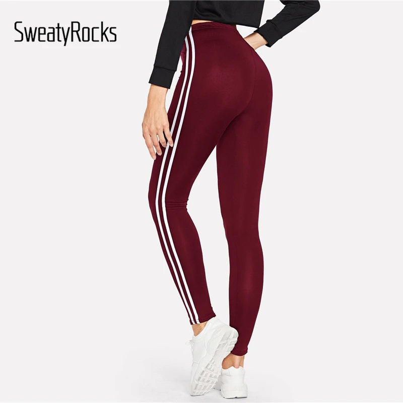 SweatyRocks الشريط الجانب مرونة الخصر الرياضية عنابي طماق 2018 جديد الخريف النساء سراويل رياضية نحيل تجريب طماق